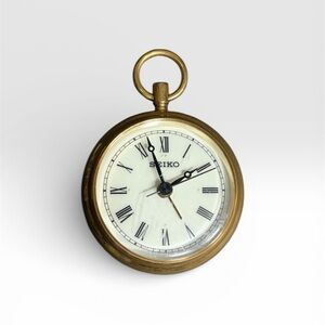 Vtg Seiko Gold Plated Open Face Roman Numeral Pocket Watch Alarm  Clock WORKS
